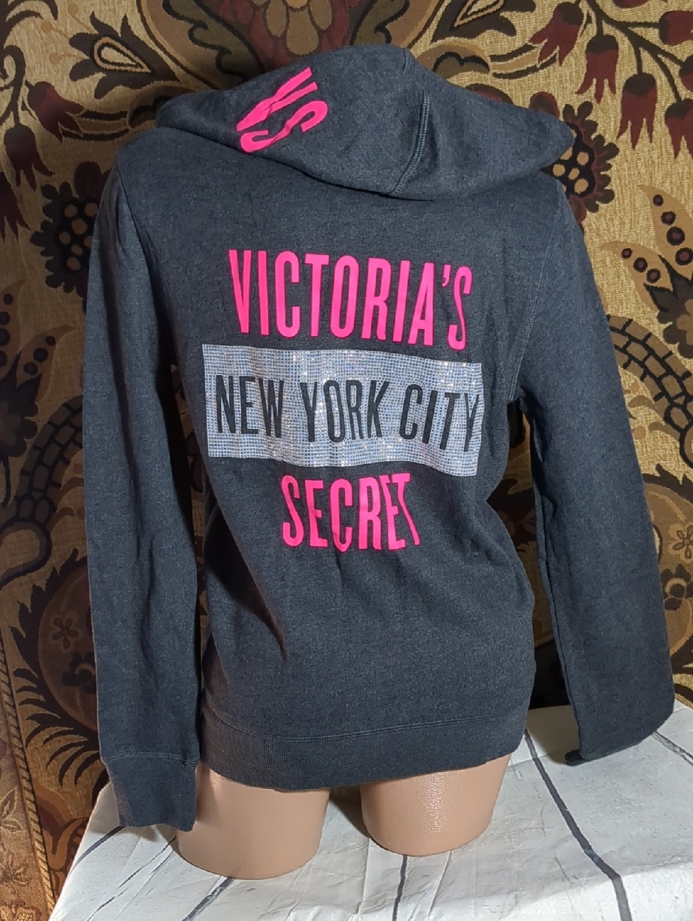 Victoria's Secret Charcoal Gray Hoodie with Hot Pink and Silver Accents